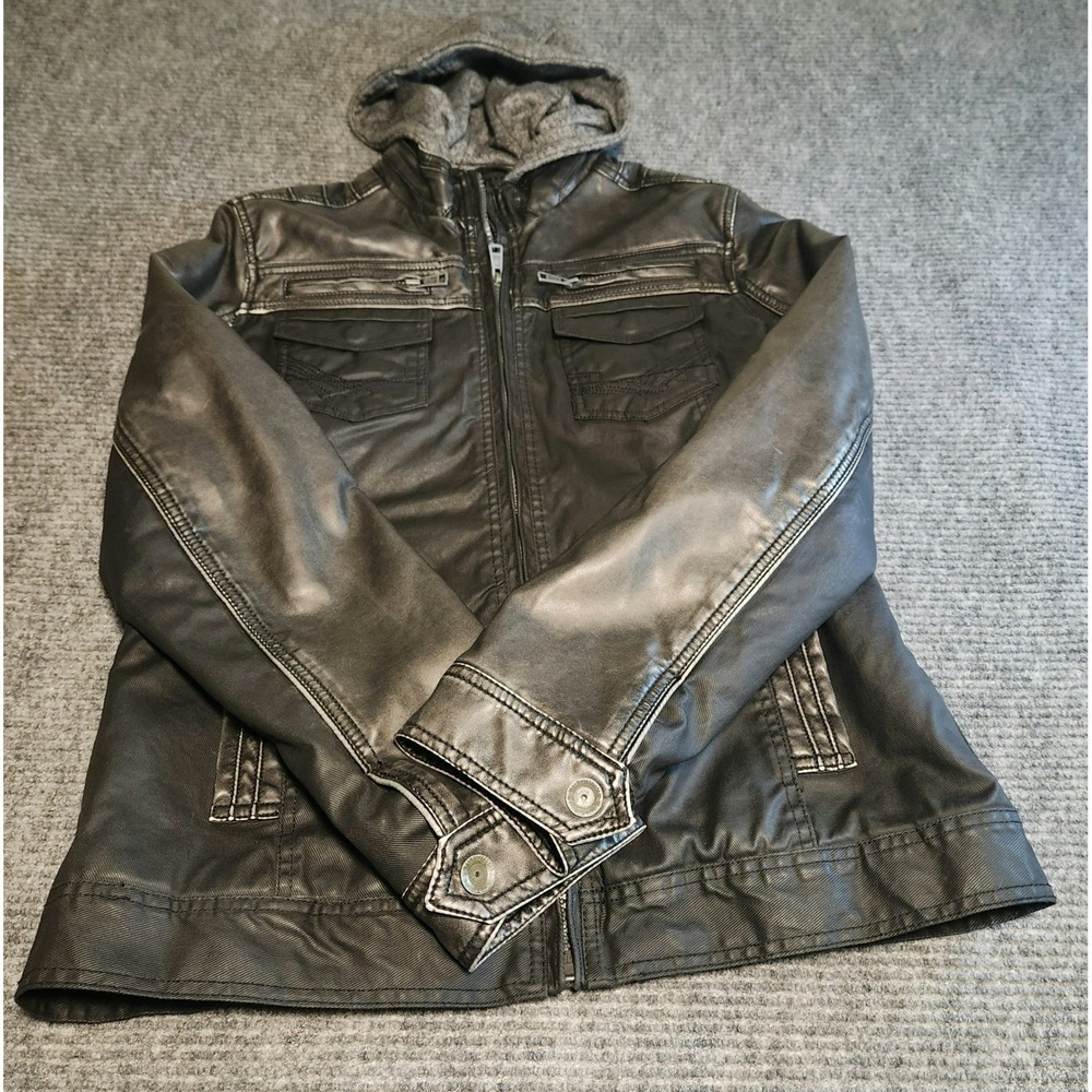 BKE Mens Faux Leather Hooded Jacket Black Distressed Standard SPJ6531M Medium